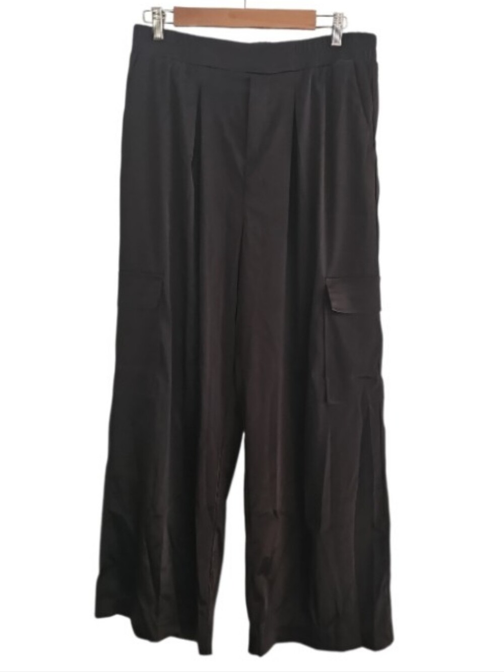 ZAFUL Black Satin Wide Leg Cargo Pants Women XL Y2K Streetwear Parachute Style